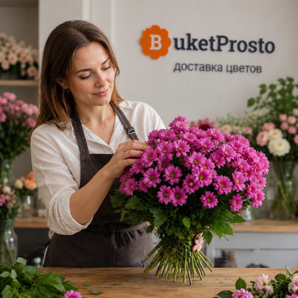 Флорист собирает букет из розовых хризантем в «Букет Просто»
